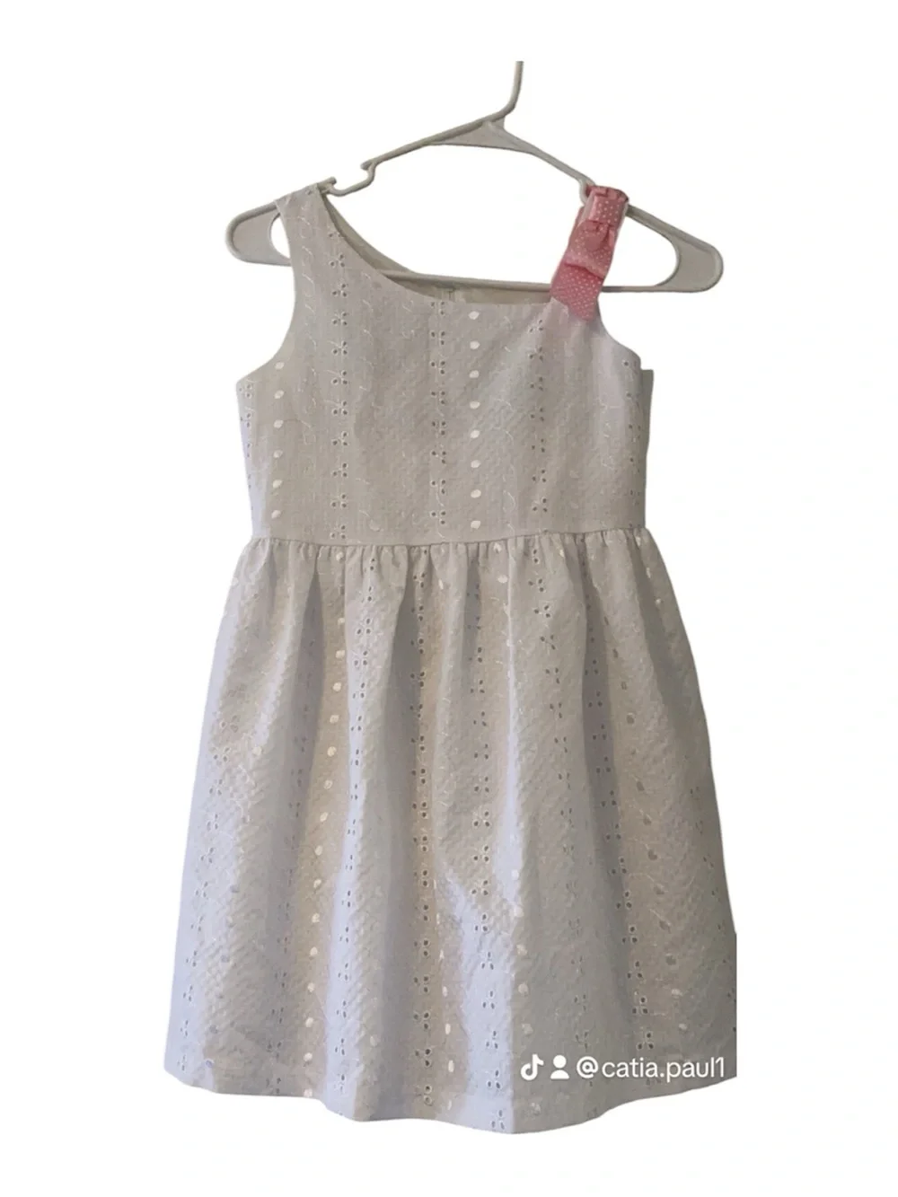 Girls White Eyelet Party Dress with Pink Bow Strap